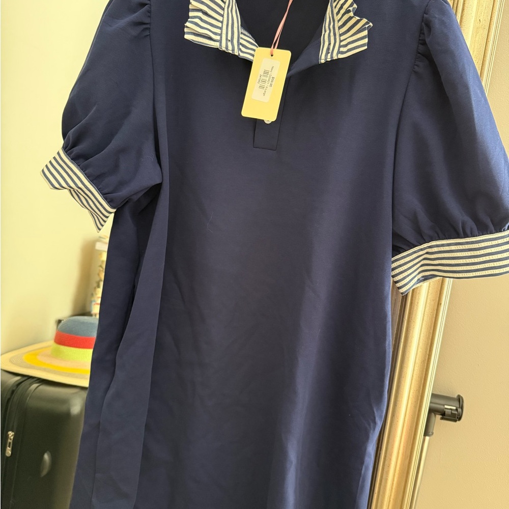 Navy Blue Dress with Striped Collar